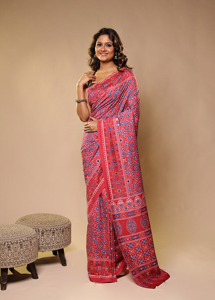 Pink Printed Silk Saree With Blouse Piece