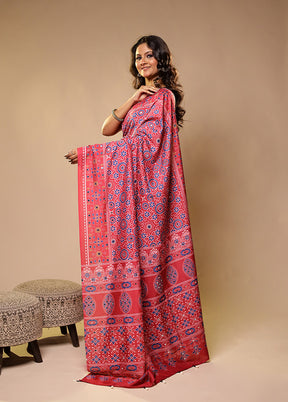 Pink Printed Silk Saree With Blouse Piece