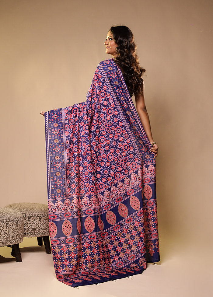 Blue Printed Silk Saree Without Blouse Piece