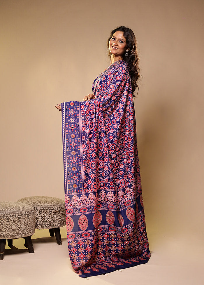 Blue Printed Silk Saree Without Blouse Piece