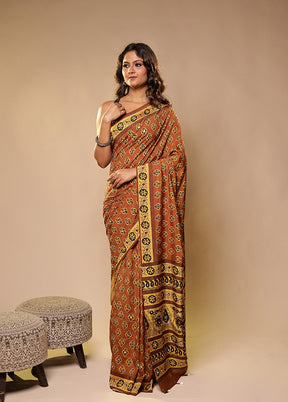 Brown Printed Silk Saree With Blouse Piece