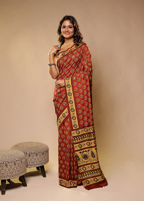 Rust Printed Silk Saree With Blouse Piece
