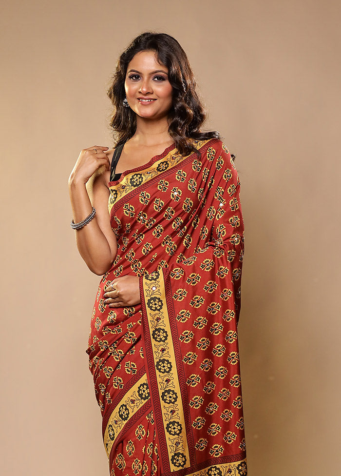 Rust Printed Silk Saree With Blouse Piece