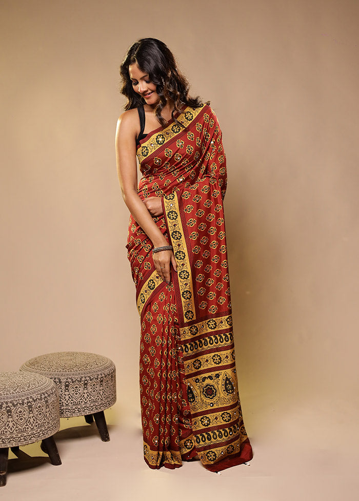 Rust Printed Silk Saree With Blouse Piece
