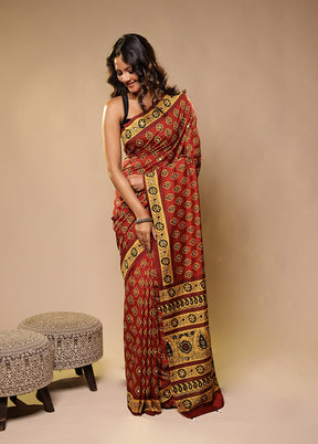 Rust Printed Silk Saree With Blouse Piece