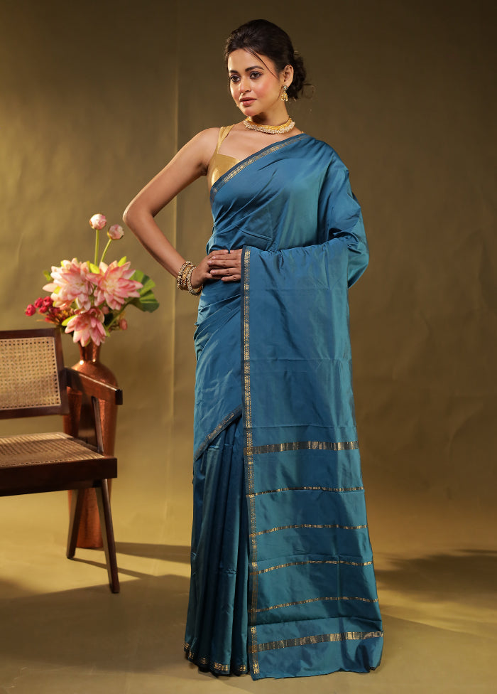 Blue Kanjivaram Silk Saree With Blouse Piece