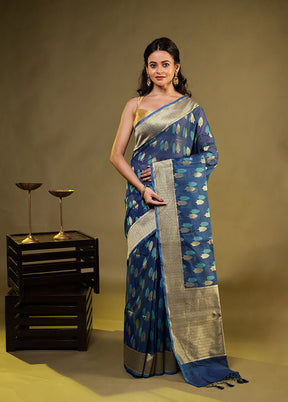 Blue Kora Silk Saree With Blouse Piece