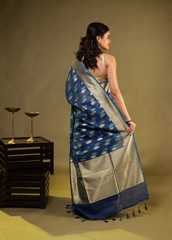 Blue Kora Silk Saree With Blouse Piece