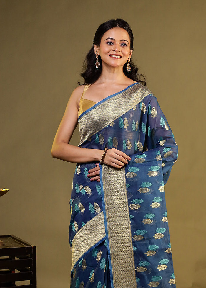 Blue Kora Silk Saree With Blouse Piece