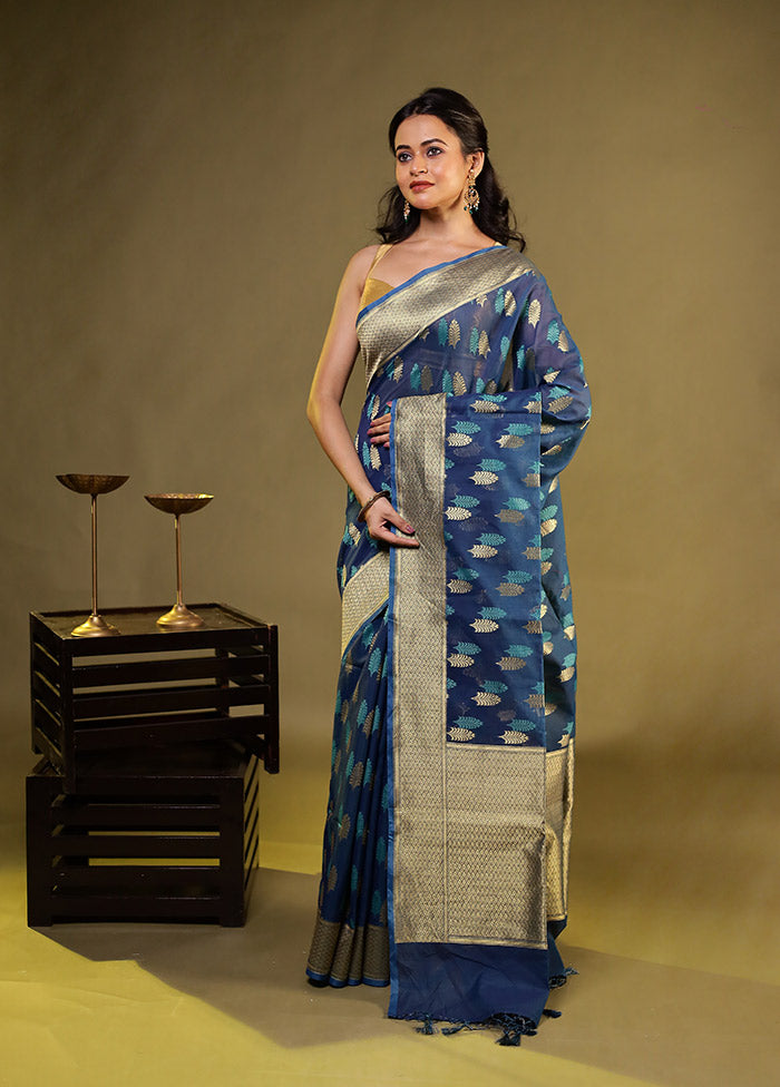 Blue Kora Silk Saree With Blouse Piece