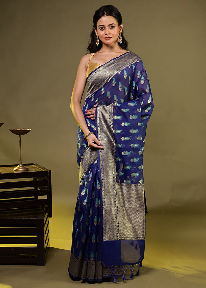 Blue Kora Silk Saree With Blouse Piece
