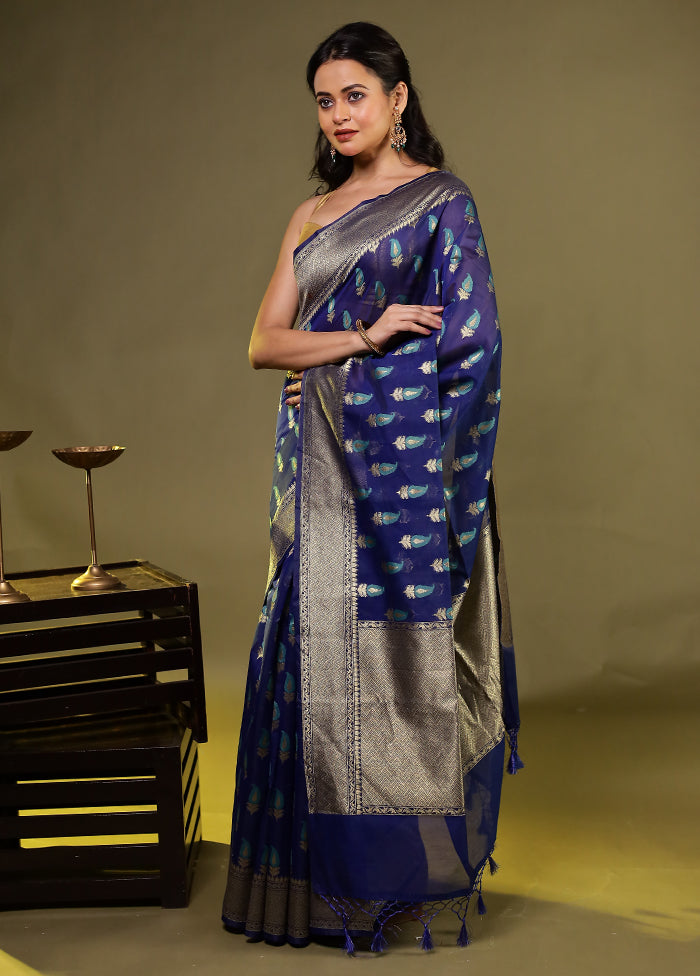 Blue Kora Silk Saree With Blouse Piece