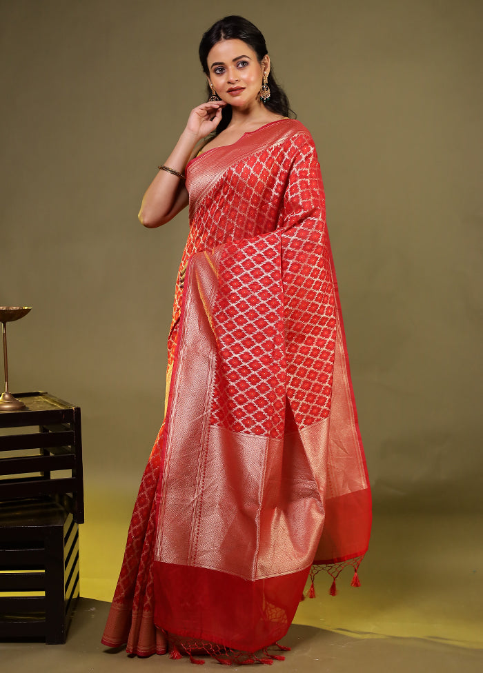 Red Kora Silk Saree With Blouse Piece