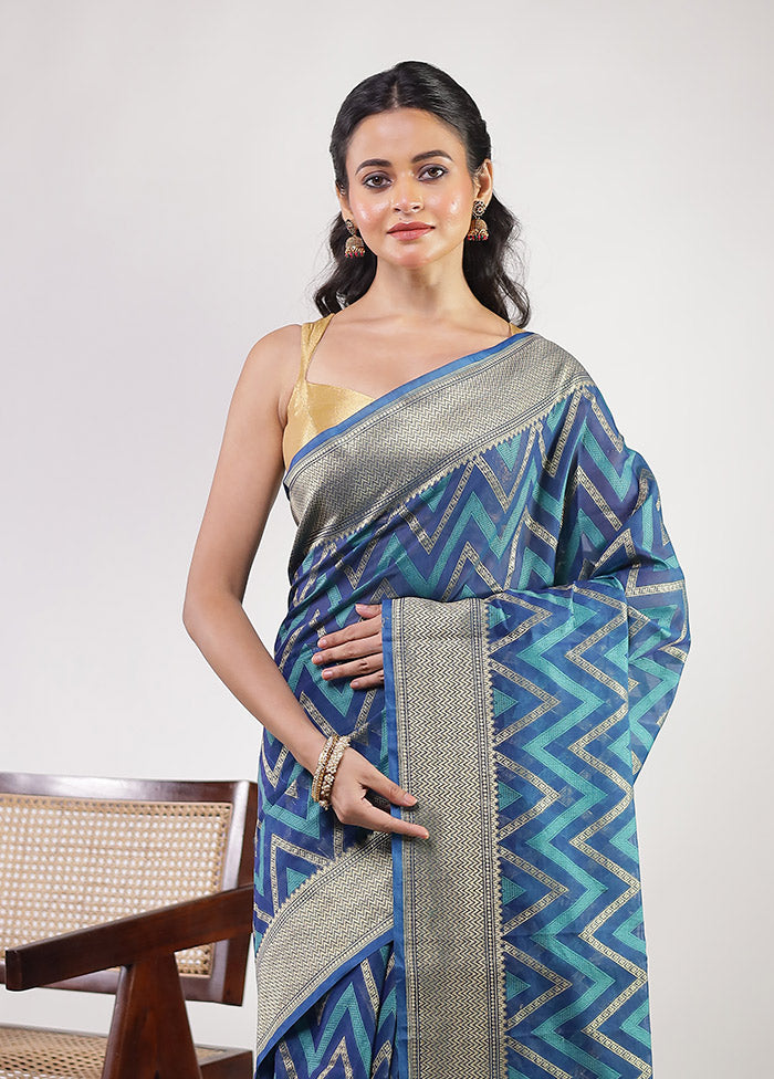 Blue Kora Silk Saree With Blouse Piece