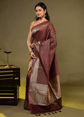 Maroon Kora Silk Saree With Blouse Piece