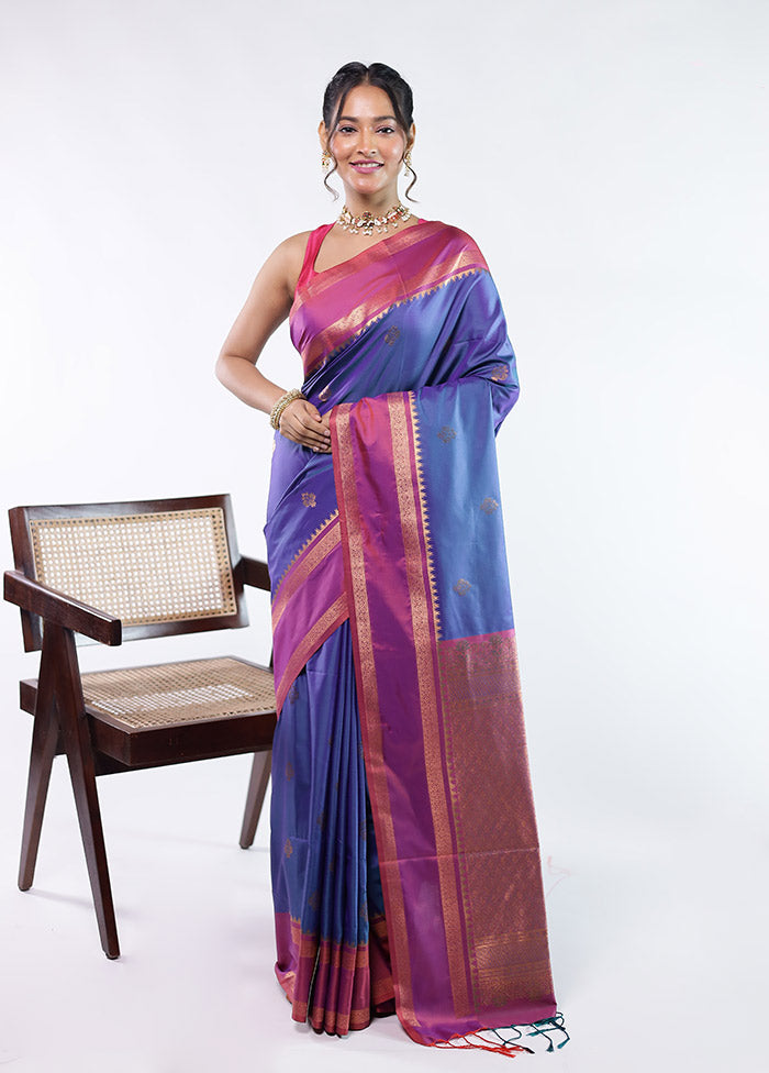 Blue Kanjivaram Silk Saree With Blouse Piece