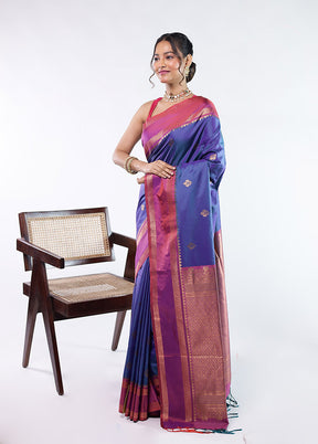 Blue Kanjivaram Silk Saree With Blouse Piece