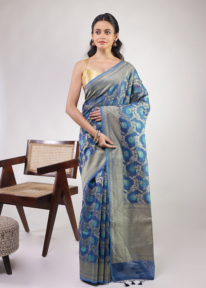 Blue Kora Silk Saree With Blouse Piece