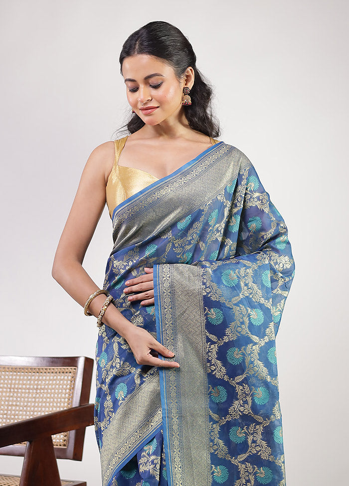Blue Kora Silk Saree With Blouse Piece