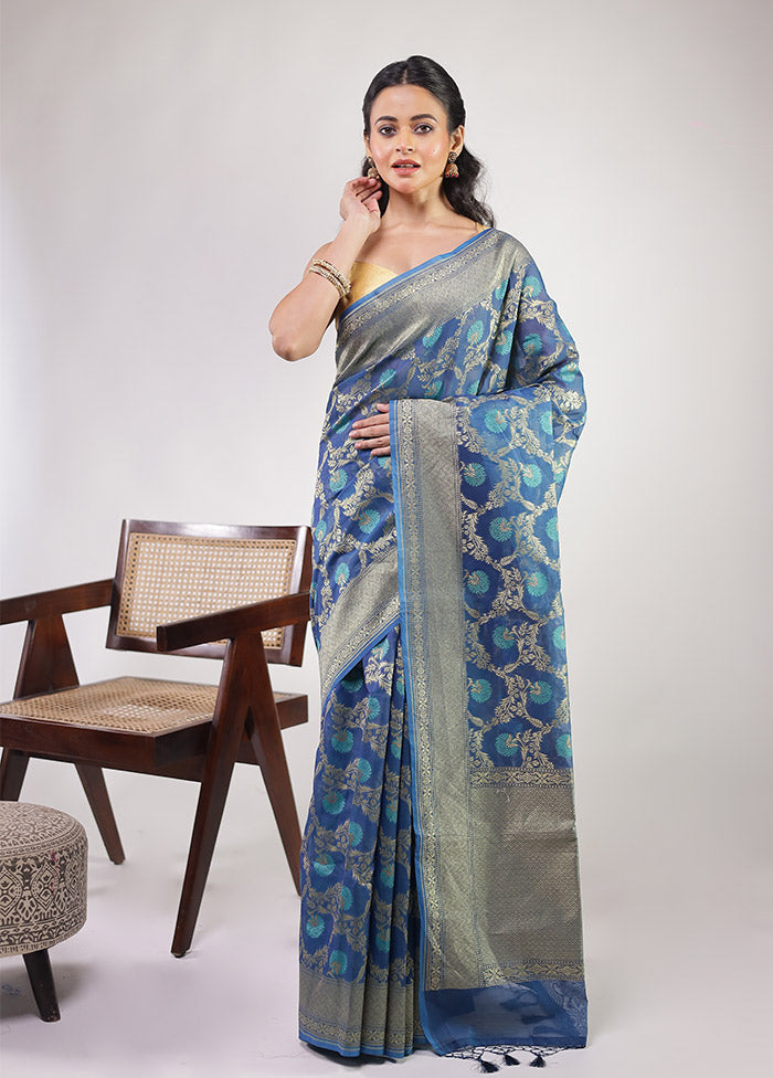 Blue Kora Silk Saree With Blouse Piece