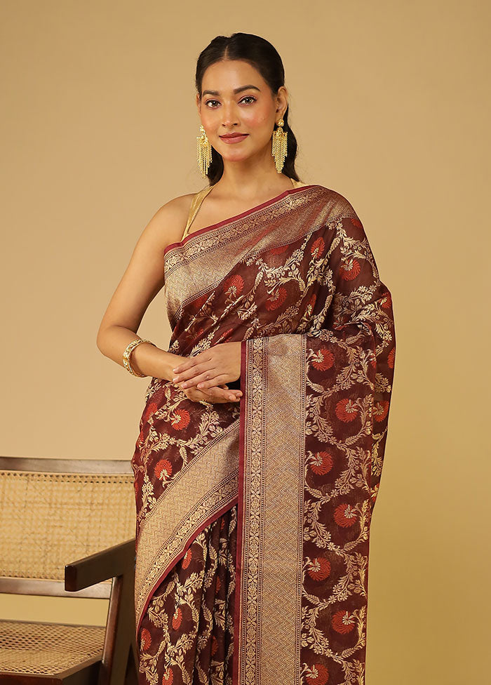 Maroon Kora Silk Saree With Blouse Piece
