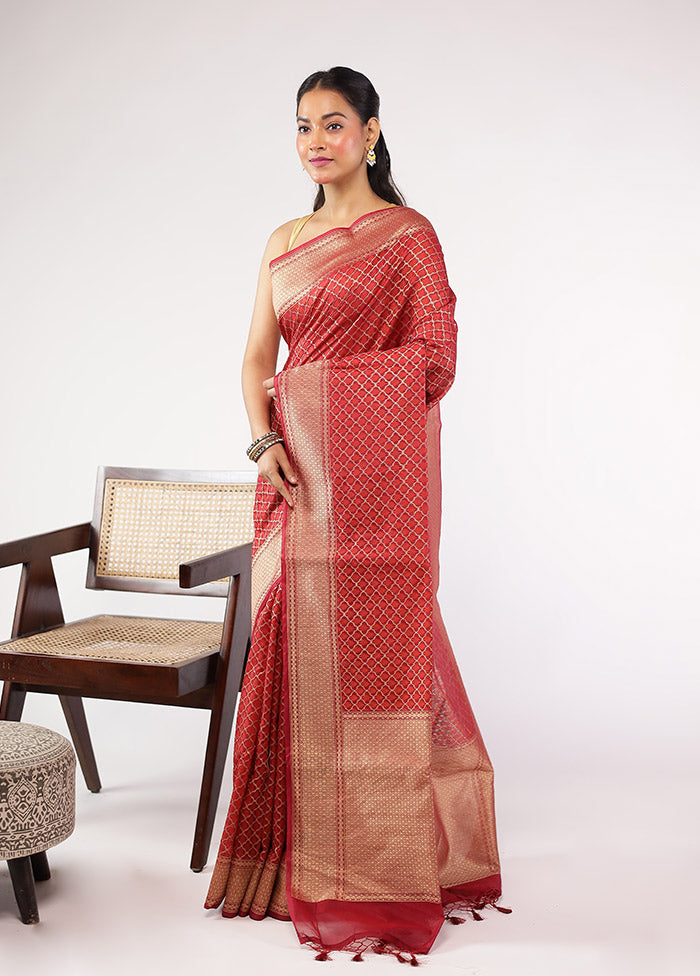 Maroon Kora Silk Saree With Blouse Piece