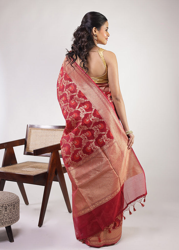 Maroon Kora Silk Saree With Blouse Piece