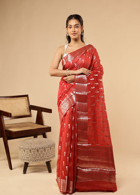 Red Dupion Silk Saree With Blouse Piece