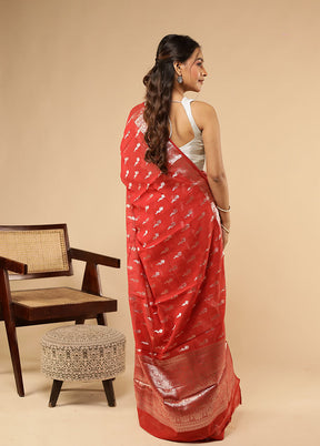 Red Dupion Silk Saree With Blouse Piece