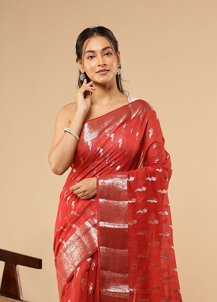 Red Dupion Silk Saree With Blouse Piece