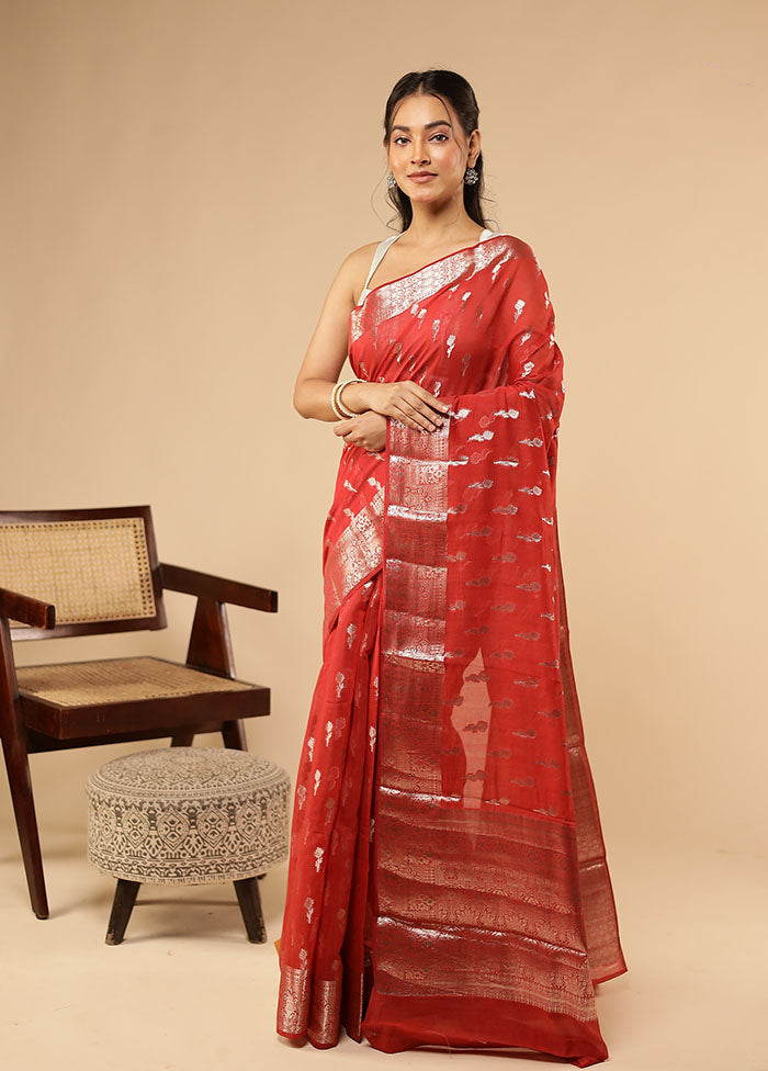 Red Dupion Silk Saree With Blouse Piece
