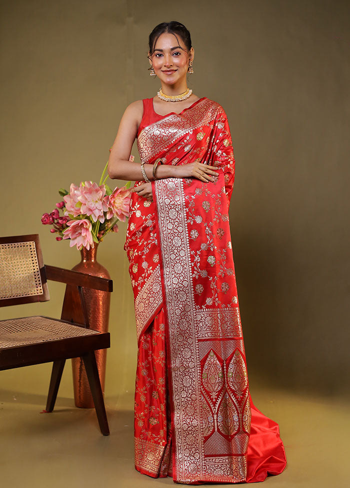 Red Handloom Banarasi Pure Silk Saree With Blouse Piece