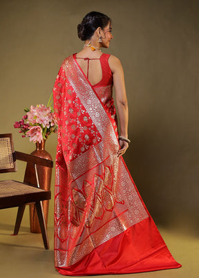 Red Handloom Banarasi Pure Silk Saree With Blouse Piece