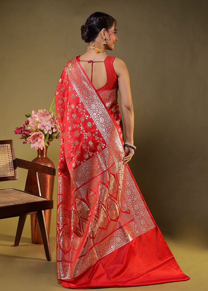 Red Handloom Banarasi Pure Silk Saree With Blouse Piece