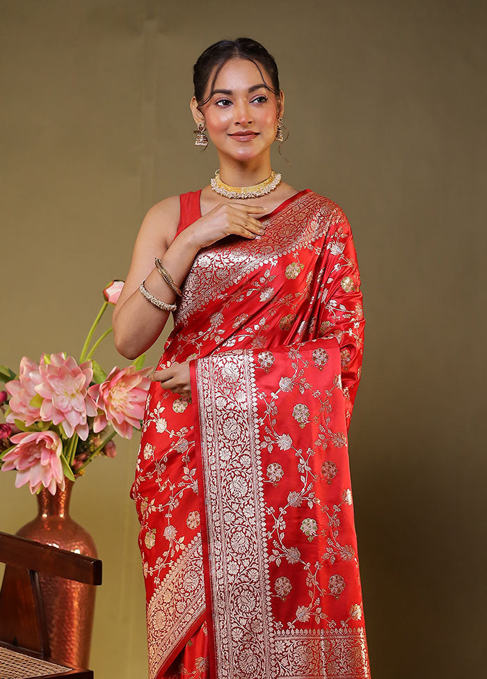 Red Handloom Banarasi Pure Silk Saree With Blouse Piece