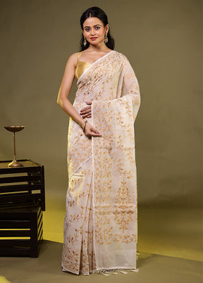 Cream Kora Silk Saree With Blouse Piece