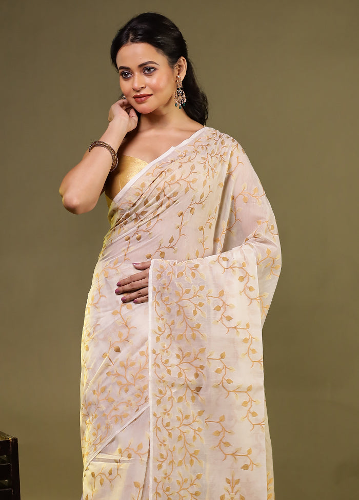 Cream Kora Silk Saree With Blouse Piece