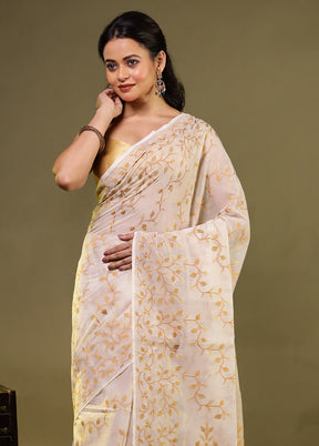 Cream Kora Silk Saree With Blouse Piece