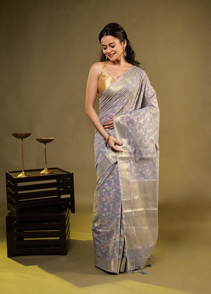 Grey Kora Silk Saree With Blouse Piece