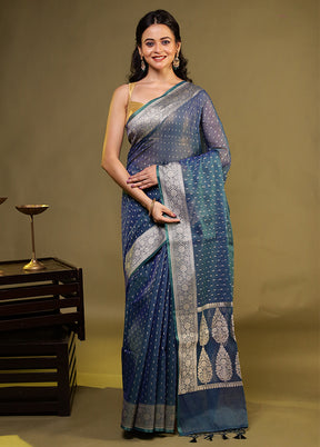 Blue Kora Silk Saree With Blouse Piece