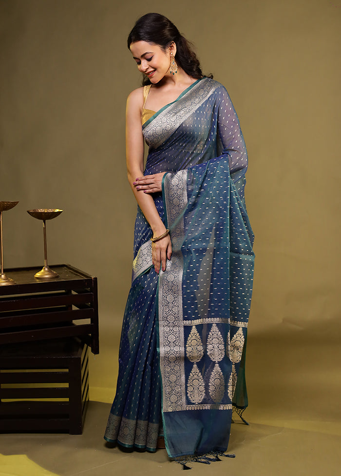 Blue Kora Silk Saree With Blouse Piece