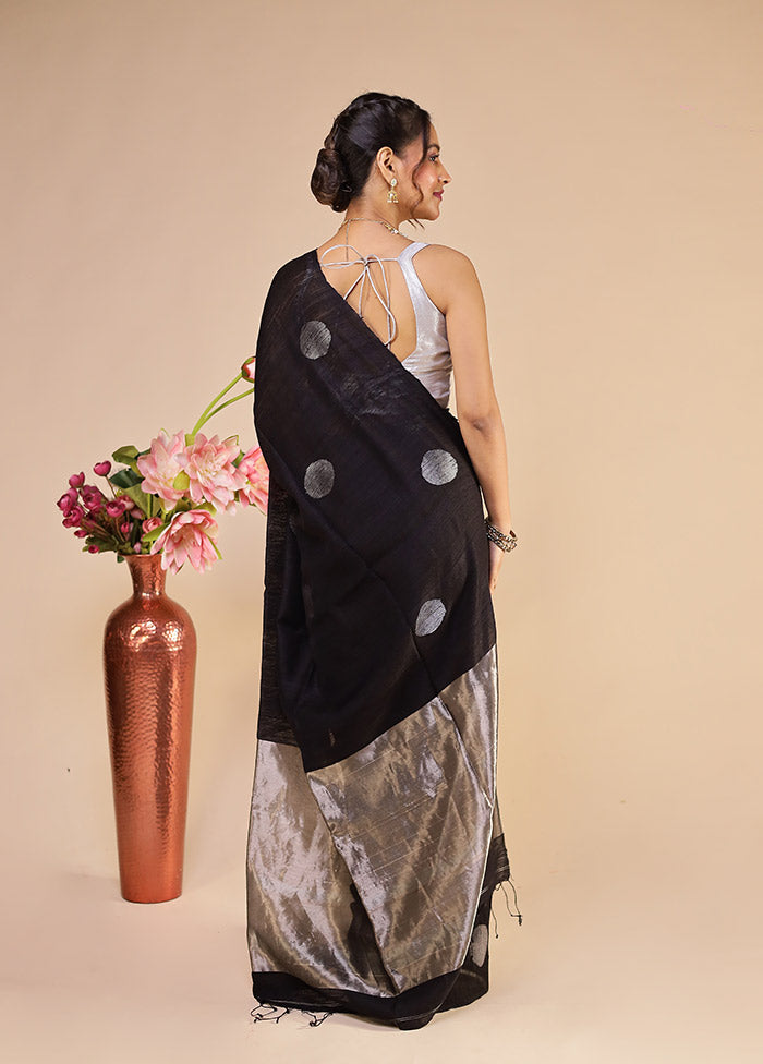 Black Handloom Matka Pure Silk Saree With Blouse Piece