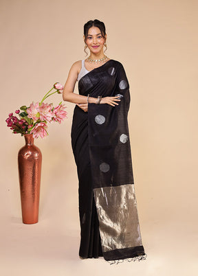 Black Handloom Matka Pure Silk Saree With Blouse Piece