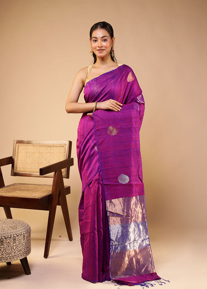 Purple Handloom Matka Pure Silk Saree With Blouse Piece