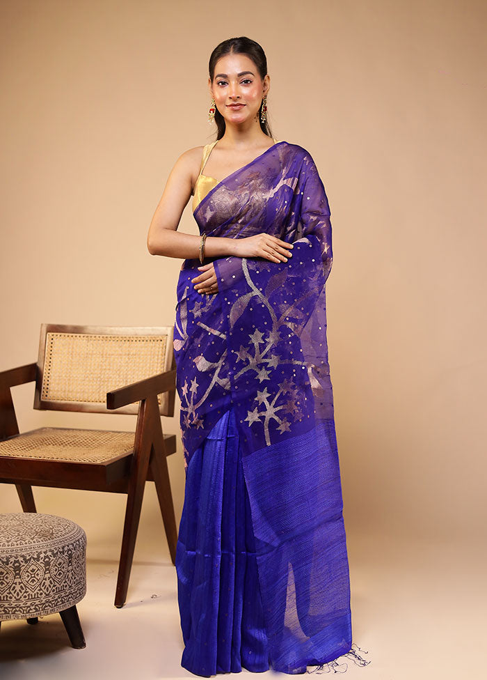 Blue Handloom Matka Pure Silk Saree With Blouse Piece