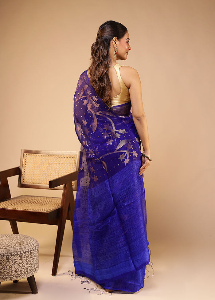 Blue Handloom Matka Pure Silk Saree With Blouse Piece