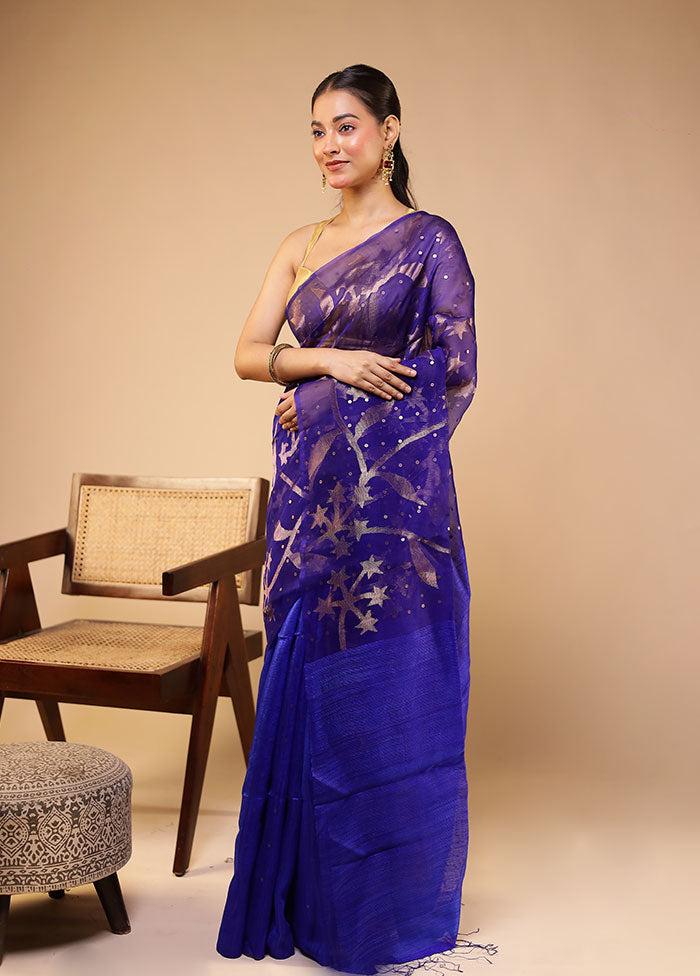 Blue Handloom Matka Pure Silk Saree With Blouse Piece