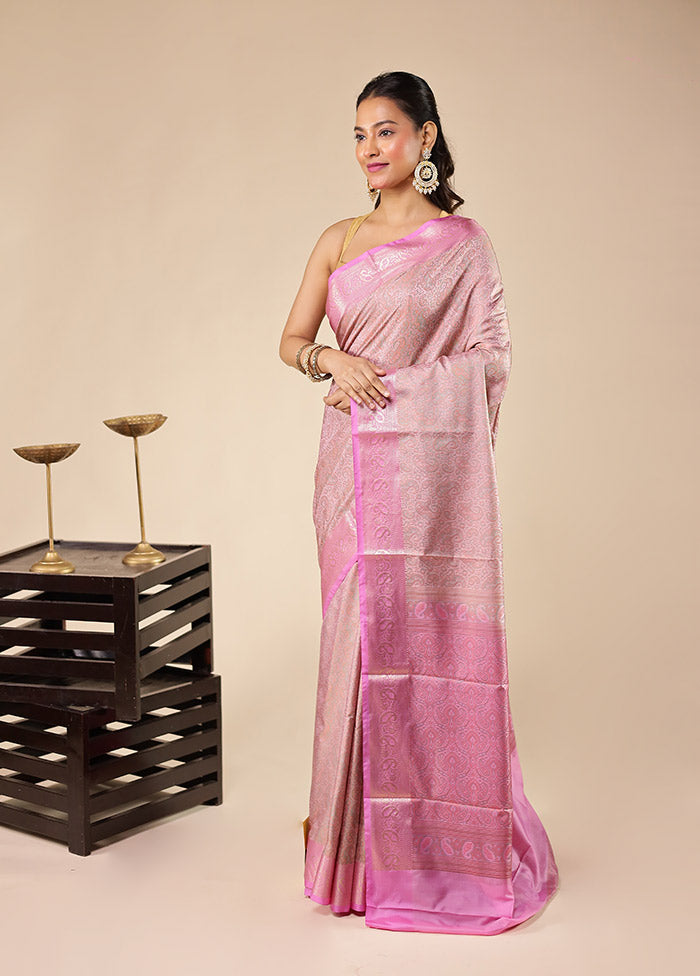 Pink Jamewar Silk Saree With Blouse Piece