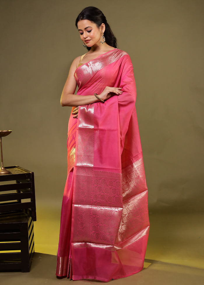 Pink Kora Silk Saree With Blouse Piece