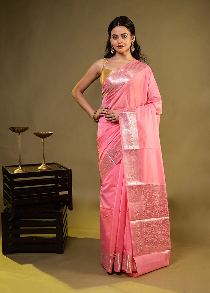 Pink Kora Silk Saree With Blouse Piece